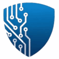Blue shield logo with a digital circuit pattern, symbolising cybersecurity and data protection.