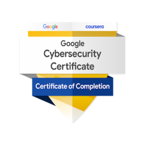 Digital achievement badge for the Google Cybersecurity Professional Certificate earned via Coursera in 2025. The badge represents completion of 8 modules: Foundations of Cybersecurity, Play It Safe: Manage Security Risks, Connect and Protect: Networks and Network Security, Tools of the Trade: Linux and SQL, Assets, Threats and Vulnerabilities, Sound the Alarm: Detection and Response, Automate Cybersecurity Tasks with Python, and Put It to Work: Prepare for Cybersecurity Jobs